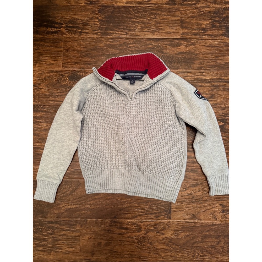 Tommy Hilfiger Kids Grey Waffle Knit Quarter Zip Sweater Red Collar Size S 8-10